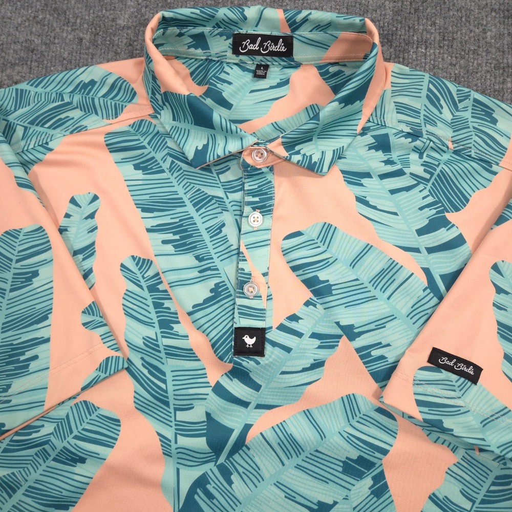 Bad Birdie Polo Shirt Mens Large Blue Steel Hawaiian Floral AOP Performance Golf